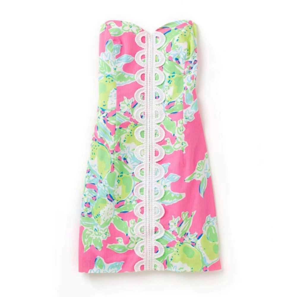 Lilly Pulitzer Pink Lemonade Print Strapless  Lace Trim Dress Size 2
